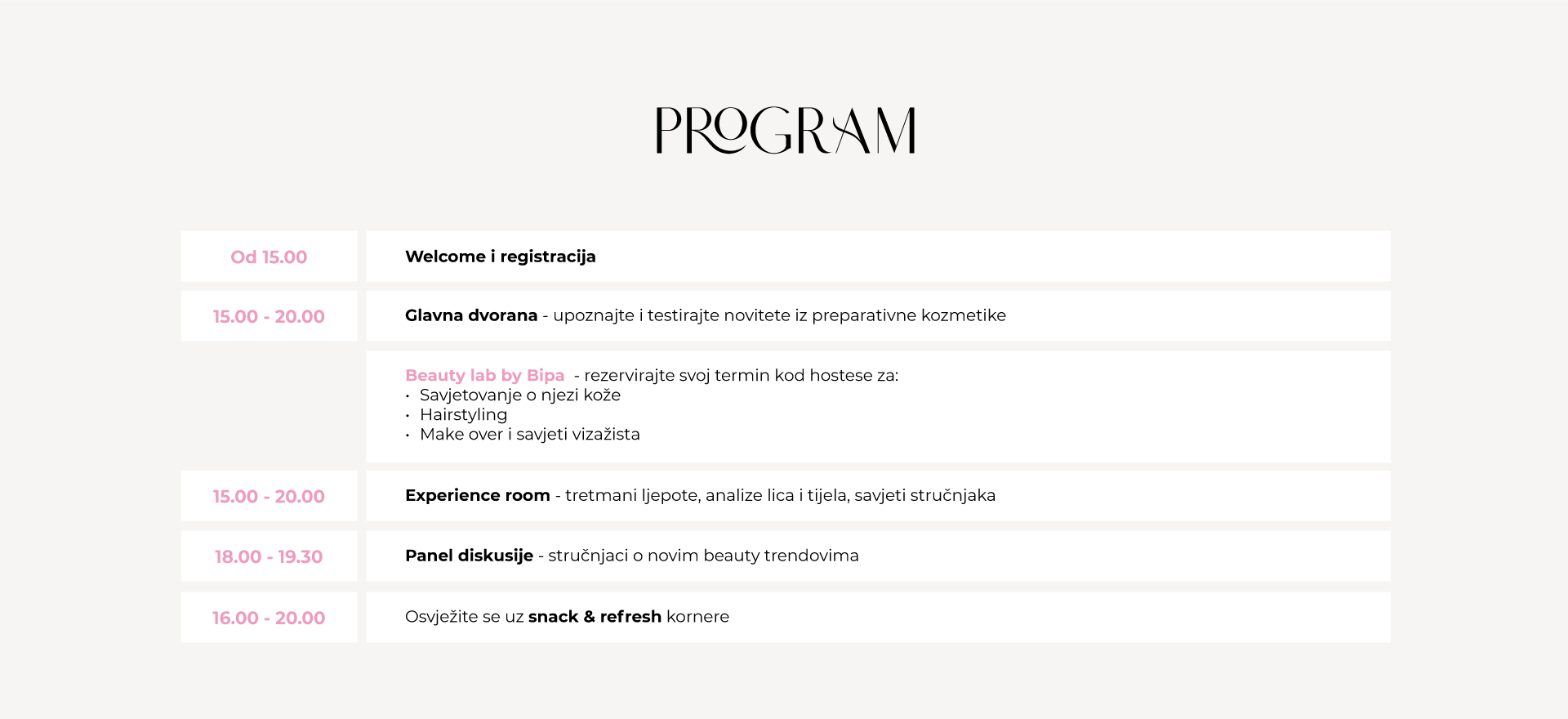 Program: od 15.00 welcome i registracija; 15.00-20.00 glavna dvorana, Beauty lab by Bipa i Experience room; 18.00-19.30 panel diskusije; 16.00-20.00 snack & refresh korneri